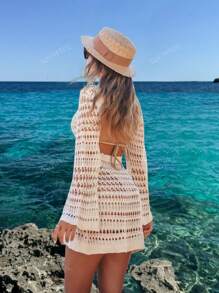 Women's Spring Summer Beach Outfits Bohemian Sexy Hollowed-Out Backless Long Sleeve Crochet Cover Up Sundress