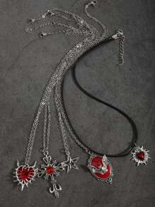 5 Stücke/Set Y2K Retro Goth Punk Rock Stil Strass Kreuz Dorn Herz Edelstein Fledermaus Feuer Herz Stern Edelstahl Ketten Halsketten, Boho Chic Herz Schloss Anhänger Halsketten Set