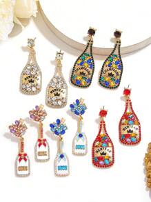 2pcs Creative Alloy Enamel Inlaid Pearl & Rhinestone Wine Bottle Earrings, Bow Tie Wine Bottle Jewelry, Suitable For Women's Daily, Costume Ball, Party, Celebration Occasions