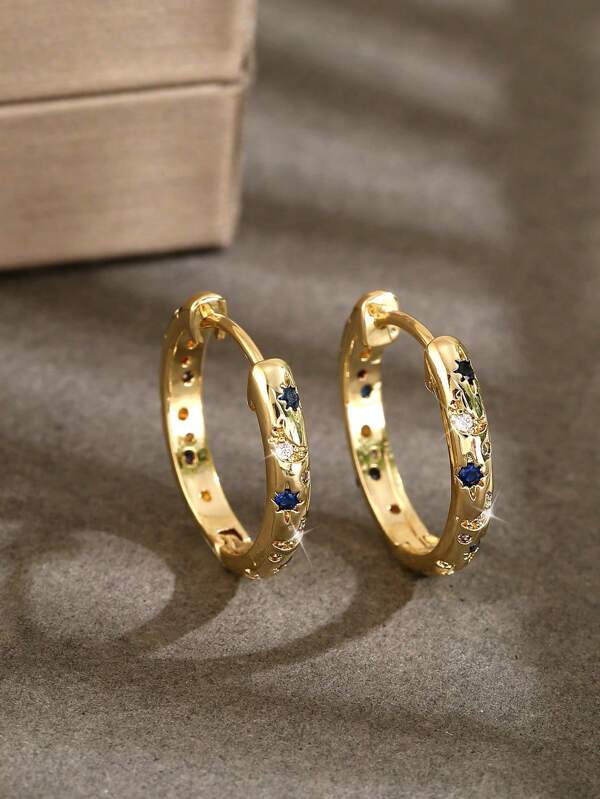 1pair Luxurious Copper Inlaid Multi-Color Star, Moon & Round Shaped Hoop Earrings, Perfect Gift For A Date Elegant And Sexy Copper Jewelry