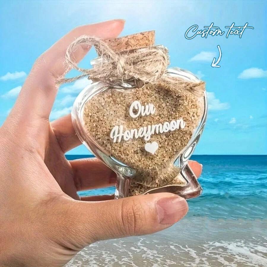 1 pieza Botella de vidrio con forma de corazón y tapón de corcho personalizada, con patrón de arena de playa - Regalo único para luna de miel, aniversario o parejas románticas, lavar a mano, decoración con tema de playa, recuerdos de boda - Multicolor - Ver 1