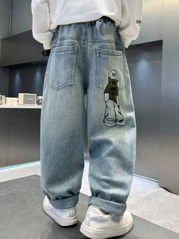 Boys' Spring Autumn Character Print Back Pocket Denim Pants