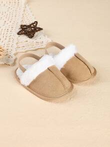 1 双女童纯色新生儿一脚蹬拖鞋，弹性后跟，可爱毛绒衬里婴儿室内/室外拖鞋，适合秋冬季 - 卡其色 - 查看 3