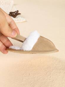 1 双女童纯色新生儿一脚蹬拖鞋，弹性后跟，可爱毛绒衬里婴儿室内/室外拖鞋，适合秋冬季 - 卡其色 - 查看 7