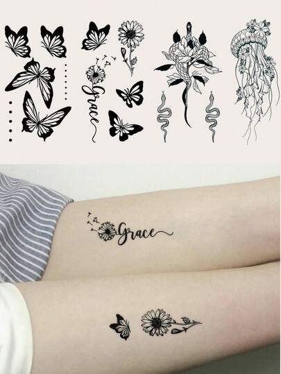 4pcs Realistic Butterfly, Floral, Jellyfish, Snake Temporary Tattoos, Unisex Body Art Decor For Daily, Party, Holiday Gifts - Finger, Wrist, Ear, Shoulder, Neck, Collarbone