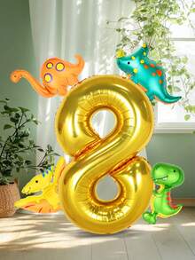 Set de 5 globos con temática de dinosaurio, que incluye globos de papel de aluminio con números dorados y verde salvia de 40 pulgadas + globos de papel de aluminio en miniatura con diseños de dinosaurios, perfectos para fiestas de cumpleaños y decoración con temática de dinosaurios - Multicolor - Ver 19