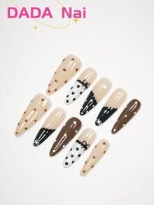 10 件手工按压式杏仁形指甲，法式美甲，白色、裸色、黑色、棕色指甲，波尔卡圆点，蝴蝶结装饰，Y2K 美甲，春、夏、秋、冬按压式假指甲全覆盖指甲片，四季美甲家居 DIY 美甲，美甲用品美甲用品，可拆卸和可重复使用，配有美甲套装，是送给女性的最佳礼物。