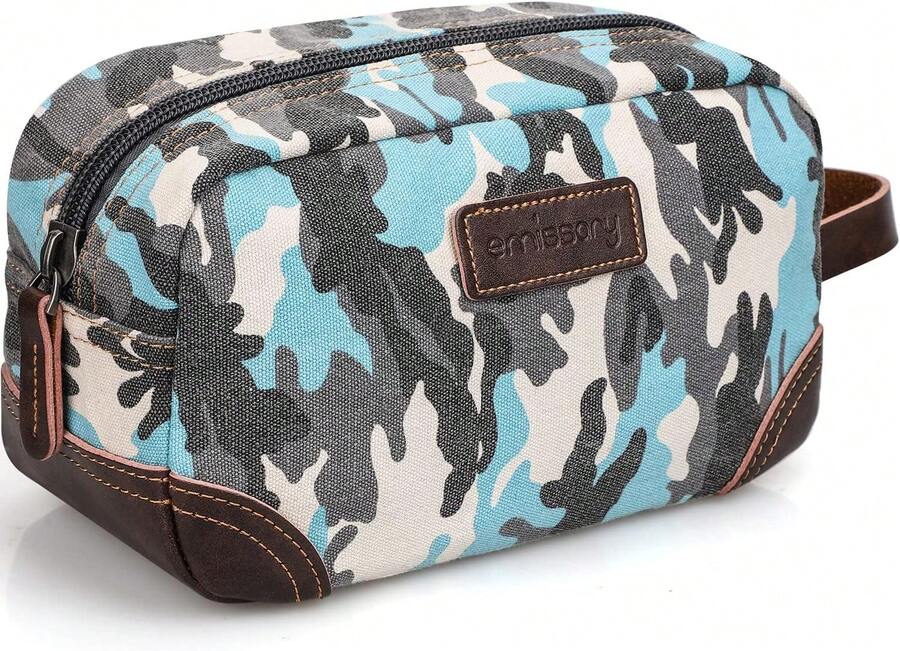 Men's Toiletry Bag, Leather And Canvas Travel Toiletry Bag, Dopp Kit For Men, Travel Bathroom Bag Men's Shaving Kit, Travel Kit Small Bags For Men, Shaving Bag For Travel (Camo-Blue) - 藍色 - 查看 1