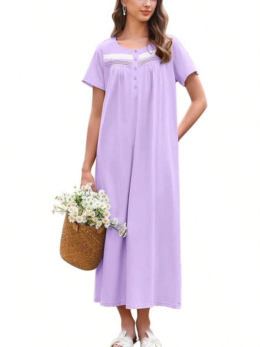 Camisón de mujer Ekouaer de algodón, camisón largo con mangas cortas, con bolsillos, botones y suave ropa de dormir