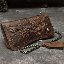 Men's Long Chain Wallet Bifold Wallet Leather Credit ID Cards Holder Biker Trucker Heavy Thick - 淺棕色龍 - 查看 6