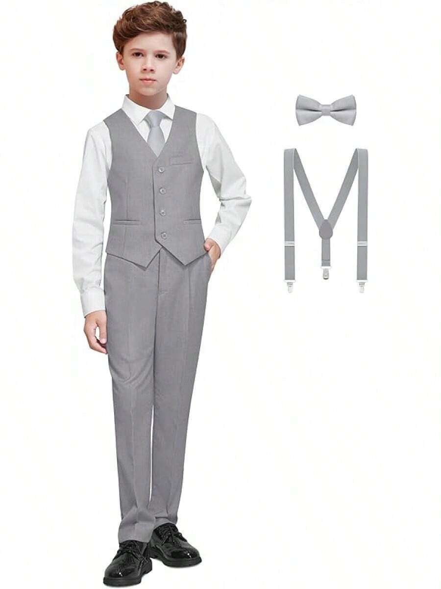 Boys Formal Suit Set - Suspenders Adjustable Waist Ring Bearer - 灰色背心 - 查看 1