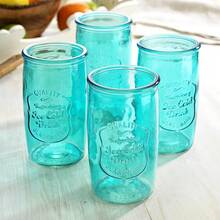 Glaver's Drinking Glasses – Set Of 4 Authentic Mason Vintage Glassware – Clear Glass Tumblers For Cocktails, Water, Juice – Embossed Vintage Drinking Glasses (Highball 18 Oz 7983) - 藍色 - 查看 4