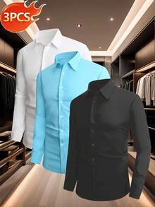 KIT3 Men's Solid Color Button Front Long Sleeve Dress Shirt - Nhiều màu - Xem 1