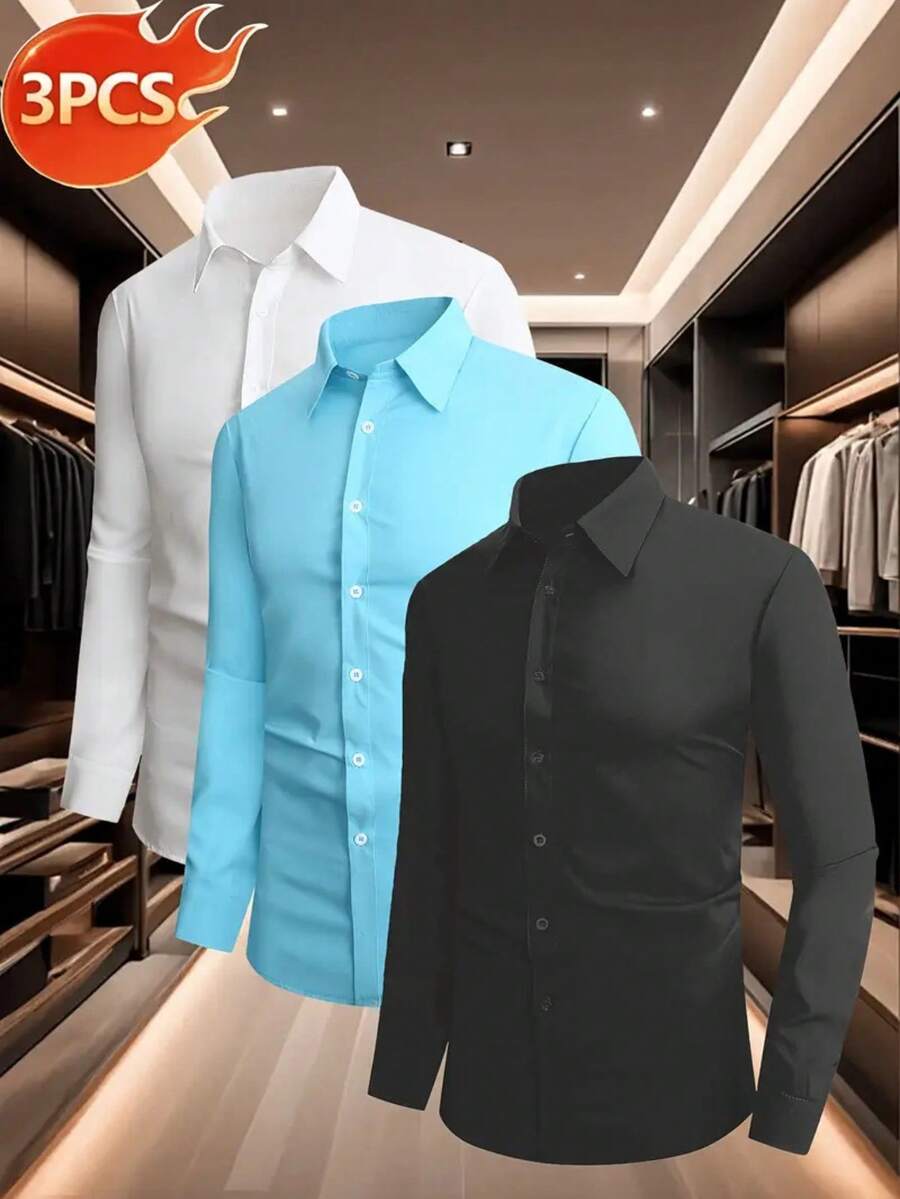 KIT3 Men's Solid Color Button Front Long Sleeve Dress Shirt - Nhiều màu - Xem 1
