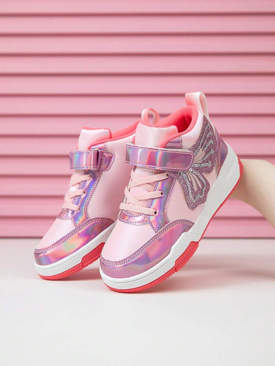 1 Pair Girls' Sweet Polyamide Princess Style Shoes With Butterfly Embroidery, Cute High Top Children Canvas Shoes With Shiny Leather Surface, Suitable For All Seasons, Colorful Outsole Sports Sneakers