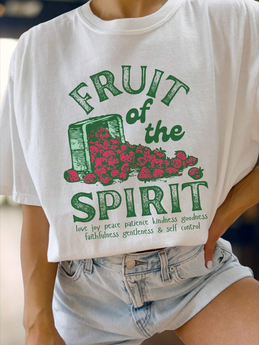 Fruit Of The Spirit Christian Shirt, Retro Strawberry Graphic Tee, Faith Apparel Summer Shirt, Aesthetic Bible Verse Tshirt Gift Oversized Short Sleeve Classic Heavy Cotton T Shirt Summer Casual Top - trắng - Xem 1