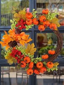 1Pc 16nch Fall Wreath For Front Door Decoration, Autumn Wreath With Artificial Maple Leaf Harvest Pumpkins Pine Cone Wreath For Thanksgiving Indoor Fireplace Window Decor - Multicolor - View 4