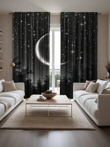 两件套涤纶纤维印花窗帘，图案为星空、夜林和月亮 - 过滤/半透明/防窥，带杆套设计，可机洗，非常适合卧室、办公室、厨房、客厅、书房装饰（不含窗帘杆），卧室装饰，客厅窗帘 - 彩色 - 查看 3