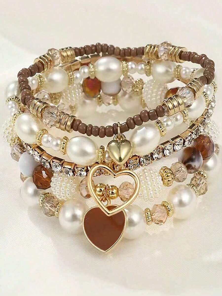 5pcs Pearl & Beaded Bracelets, Fashion Multilayer Wrist Bracelet Set Women - Multicolor - View 1