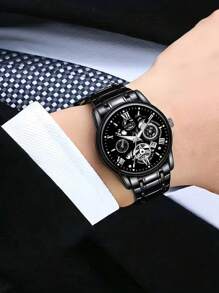 Relógio masculino de escala romana, modelo fashion, 1 peça | Pulseira de aço inoxidável e movimento de quartzo com calendário, relógio masculino de disco grande | Adequado para presentes de aniversário, presentes de formatura, presentes de Halloween
