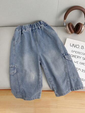 男童服装 小男孩复古做旧多口袋宽松阔腿浅蓝色牛仔工装裤