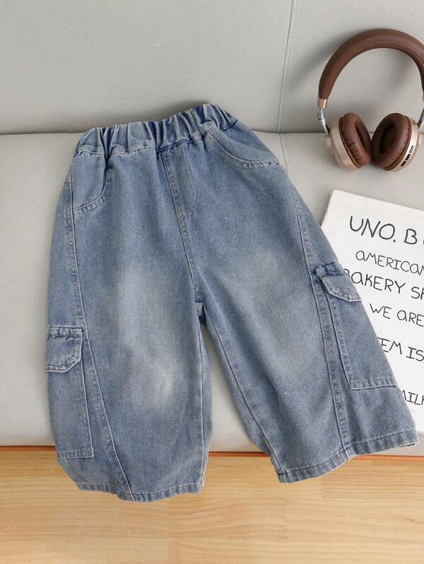 Roupas para meninos, calças cargo jeans azul claro, vintage, desgastadas, com vários bolsos, caimento solto e perna larga