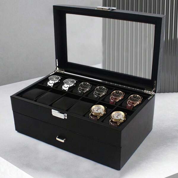 2-Tier Watch Display Case Lockable Necklace Organizer Box Luxury Storage Holder