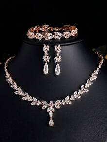 rakol Elegant Lady Jewelry Set: 1 Necklace + 1 Bracelet + 2 Earrings, Featuring Copper Zirconia 18K Gold Plated Perfect For Wedding Brides And Valentine'S Day Gifts - 首飾套裝 - 查看 3