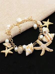 1 pieza Pulsera de estilo bohemio con decoración de estrella de mar de aleación y perla para mujer, ideal para el verano y la playa - Multicolor - Ver 4