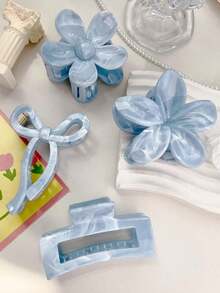 4pcs/Set Spring & Summer Bohemian Sweet Light Blue & White Mixed Marble Pattern Bow Daisy Flower Square Hair Claw, Beach Hair Accessories Claw Clips Hair Clips Hair Jaw Clip Hair Clamps Hair Clutch Hair Catcher Clip Fall Winter For Vacation Outfits Woman - Multicolor 7 - 查看 4
