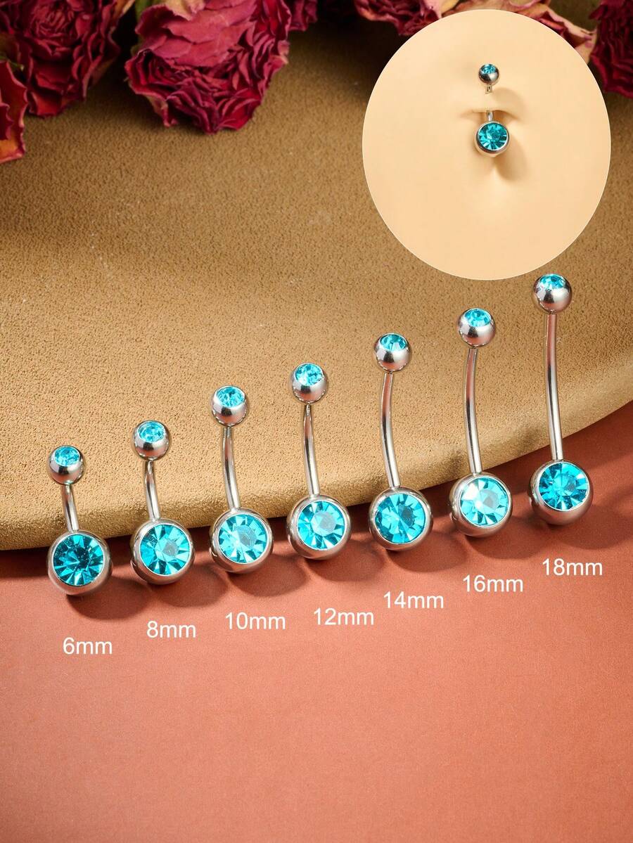 1枚14G不锈钢肚脐环，镶嵌立方氧化锆，优雅经典肚脐环，适合日常佩戴，精致女士肚脐穿刺饰品，环身长度可选6/8/10/12/14/16/18毫米，适合度假及日常佩戴，蓝色立方氧化锆 - 彩色 - 查看 1
