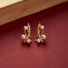 Cross Line Faux Pearl Earrings For Girls Fresh Gold Color Ear Piercing Women Accessories Daily Wear Delicate Jewelry Korean Fashion Faux Pearl Stud Earrings For Women Modern Design Gold Color Ear Earrings With Shiny Girls Jewelry