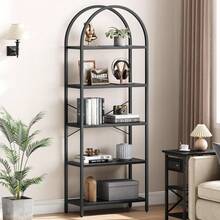 Bücherregal mit 5 Ebenen, gewölbtem Design, hohem Standregal mit Metallrahmen, offenem Aufbewahrungsregal, großem schwarzen Bücherregal für Schlafzimmer, Wohnzimmer, Homeoffice - Schwarz + schwarzes Holzbrett - Übersicht 1