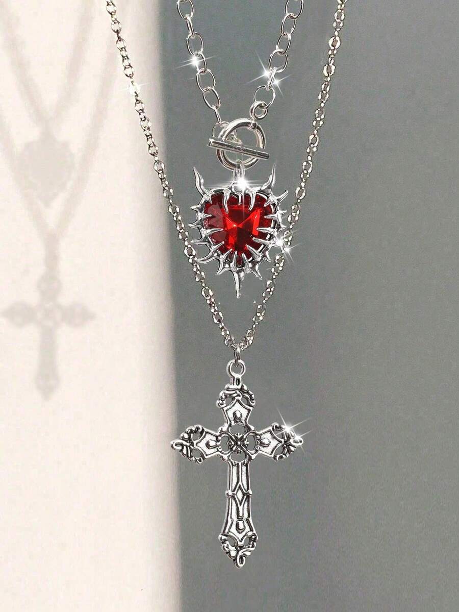 2pcs Fashionable Thorn Heart Punk Gothic Style Luxury Rhinestone Heart Pendant Necklaces, Layered Necklace Set For Women - Silver - View 1