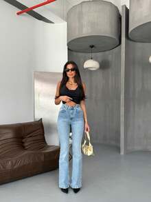 SQUALO Jeans de talle alto con ajuste acampanado para uso diario para mujeres