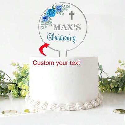 Personalised Religious Cake Topper – Custom Name & Occasion – Christening, Communion Or Confirmation – Acrylic Floral Design With Cross – Reusable Printed Cake Decoration