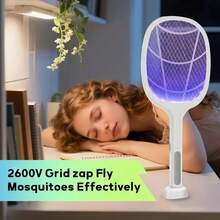 1pc Electric Fly Swatter Foldable Bug Zapper Racket 2in 1 Mosquito Killer With Purple Attractant Light Rechargeable 1800mAh For Indoor Home Backyard Patio Camping - White - View 5