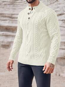 Runcati Men's Mock Neck Pullover Sweater Slim Fit Cable Knit With Half-Button Front Lightweight Thermal Knitwear For Winter Casual Style - Màu trắng sữa - Xem 2