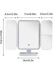 1个三折LED化妆镜，3倍/2倍/1倍放大倍率，便携式高清化妆镜，亮度可调，可折叠设计带支架和三色灯光，内置800mAh可充电电池，USB充电，方便旅行携带，带触摸屏调光功能，是送给女性的最佳礼物，情人节礼物，圣诞节礼物。