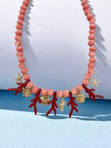 1 件个性化时尚休闲海洋度假风格珊瑚、海星、贝壳、小鱼吊坠串珠简约项链女士