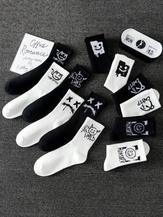 5/10 paires assorties au hasard, chaussettes mi-mollet unisexes imprimées de graffitis, de visages amusants, de diables. Chaussettes de confort respirantes pour le sport, le basket-ball, le football, les chevilles. Chaussettes noires, blanches, pour couples, anti-humidité.