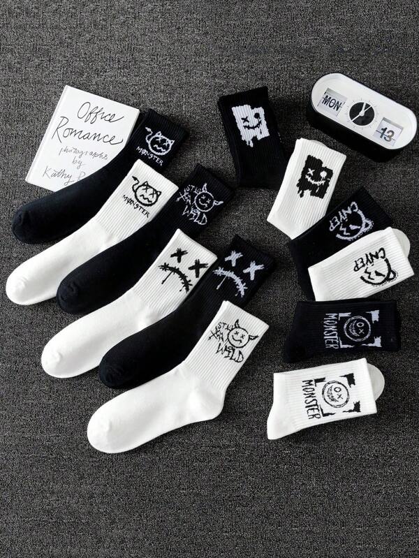 5/10 Pairs Random Assorted Unisex Graffiti, Funny Face, Devil Printed Casual Mid-Calf Socks, Comfort Breathable Crew Socks, Sports Socks, Basketball Socks, Football Socks, Ankle Socks, Black Socks, White Socks, Couples' Socks, Moisture Wicking