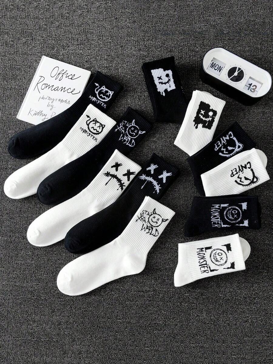 5/12/20 双随机混合男女通用涂鸦、搞笑脸、魔鬼印花休闲中筒袜、舒适透气中筒袜、运动袜、篮球袜、足球袜、短袜、黑袜、白袜