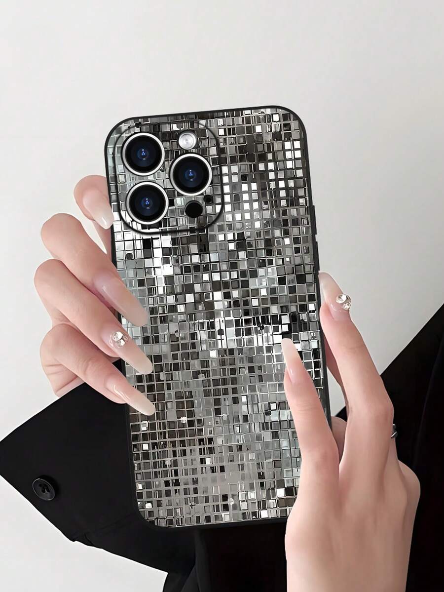 Mirror Disco Ball Pattern Straight Edge Black Matte Phone Case, Four-Corner Anti-Drop Camera Enhanced Protection, Prevent Wear And Tear, Comfortable Feel, Protective Buttons, Breathable Heat Dissipation, Dustproof, For Men And Women For IPhone X/11/12/13/14/15/16 Plus Promax Pro Series. - 黑色 - 查看 1