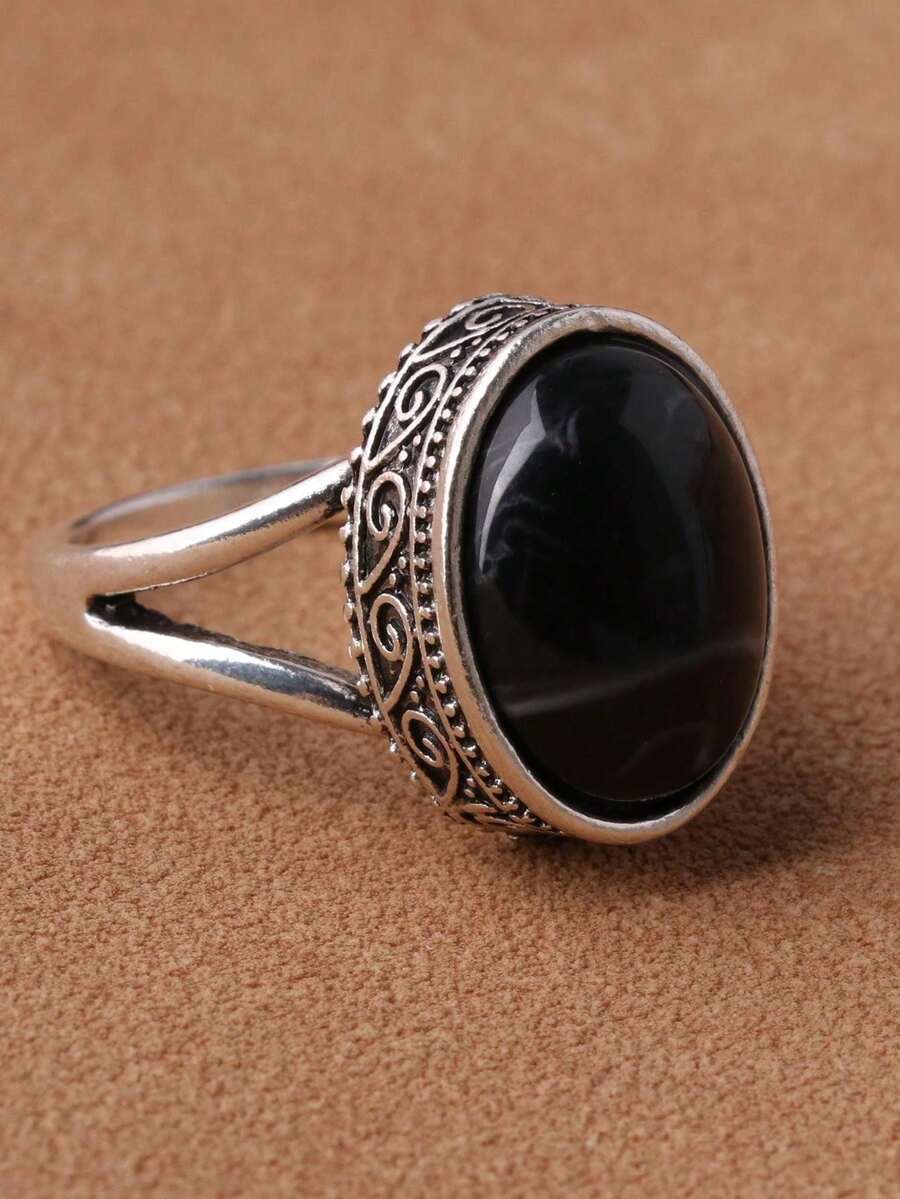 1pc Vintage Silver Plated Men's Black & White Striped Ring, 1pc Men's Imitation Ring, Available In Military Green & Multi-Colors - Black - View 1