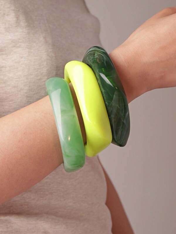 3 Pcs Set Fashion Elegant Spring/Summer Semi-Transparent Tie Dye Geometric Resin Bracelet, Suitable For Daily, Vacation, Party