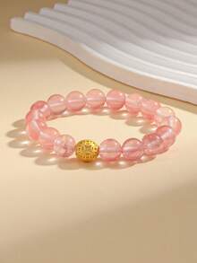 1 件欧美时尚 10 毫米天然草莓水晶弹力手链，14k 纳福珠手链，手工串珠女士魅力珠宝，适合女性和女孩在日常海滩、派对和节日佩戴，精美的情人节礼物。