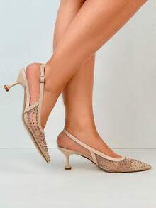 Pointed Toe Mesh Crystal Studded Elegant Pumps, Low Heel Slip On High Heels - Beige - View 4