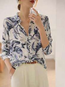 Women's Elegant New Fashionable Blue & White Porcelain Printed Long Sleeve Shirt, High-Quality Comfortable Fabric, Suitable For Spring, Summer, Autumn