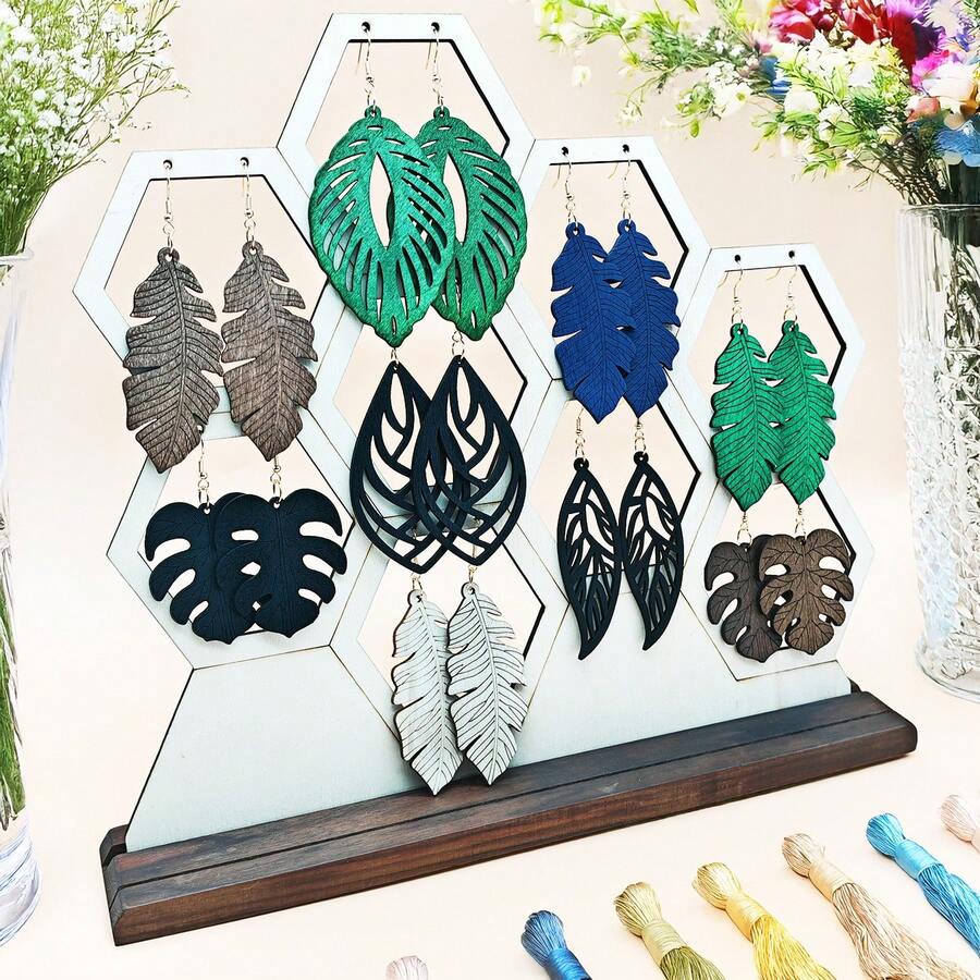 9pcs/Set Wooden Dangle Earrings With Carved Floral Pattern, Minimalist Classic Style Fashion Earrings For Women - Multicolor B - View 1